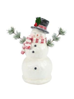 Classic holiday snowman decoration with snowy finish and festive details.
