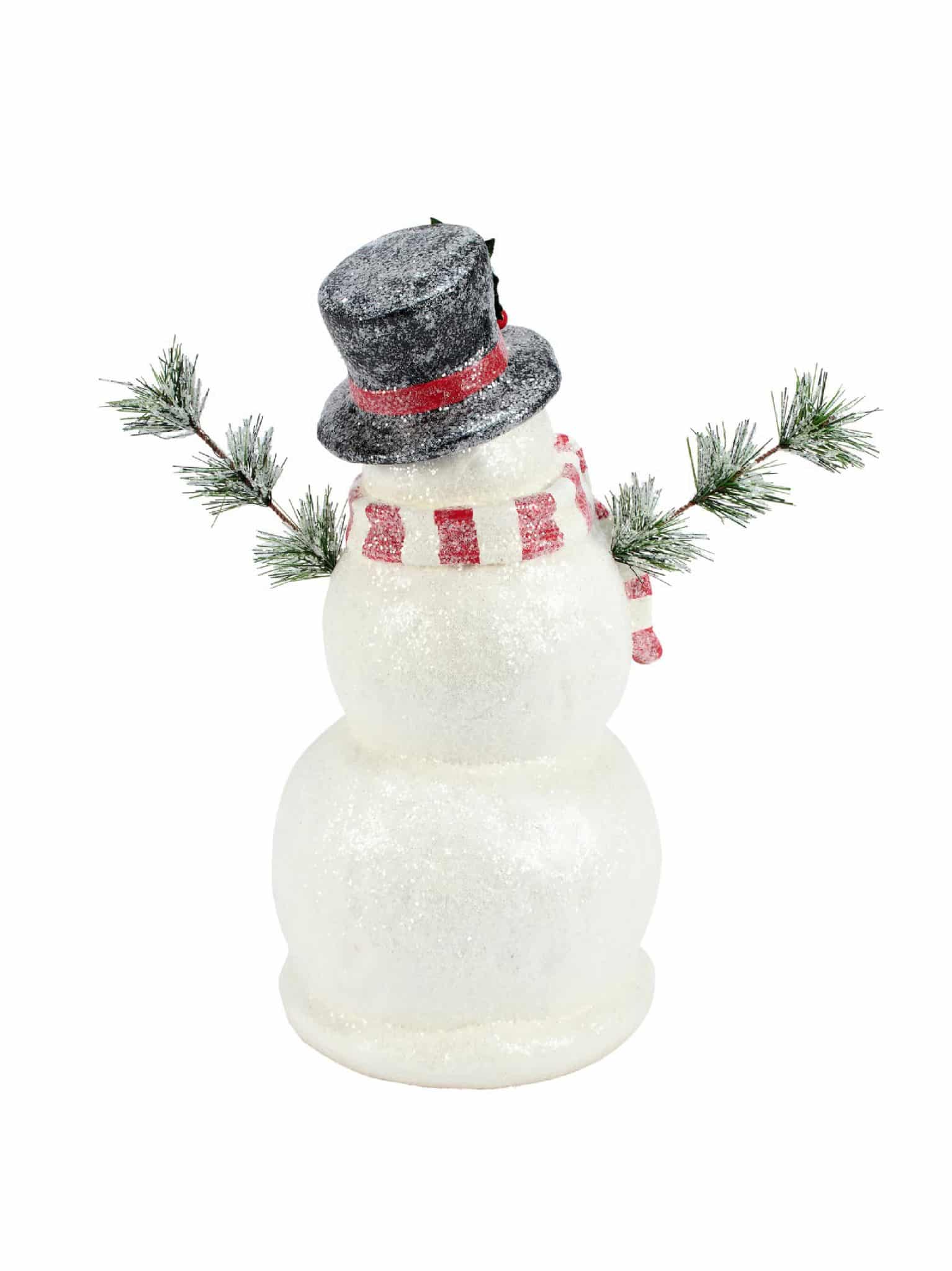 Glittered snowman figurine with black top hat, holly, red striped scarf, and branch arms.