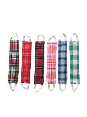 Six hot and cold neck wraps in assorted colors and plaid patterns arranged side by side on white background.