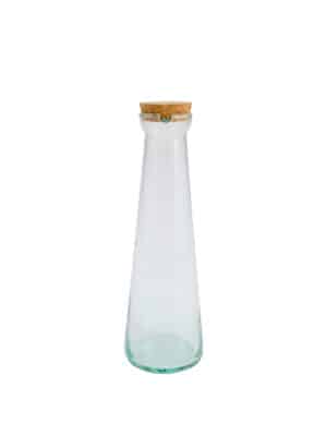 Tapered recycled glass oil bottle with aqua tint shown with cork inserted, photographed on a white background.