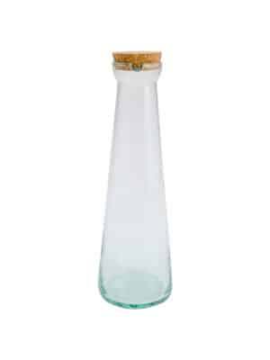 Olive Oil Glass Bottle Large with natural cork inserted, recycled Spanish glass in a soft aqua tint and tapered silhouette.