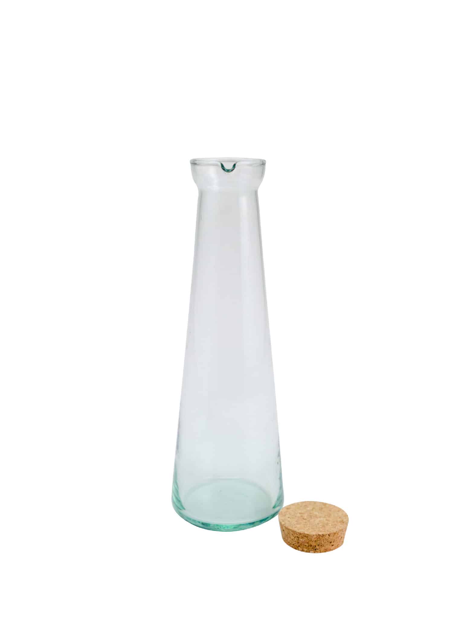Clear recycled glass olive oil bottle with light aqua tint and cork stopper, shown upright on a white background.