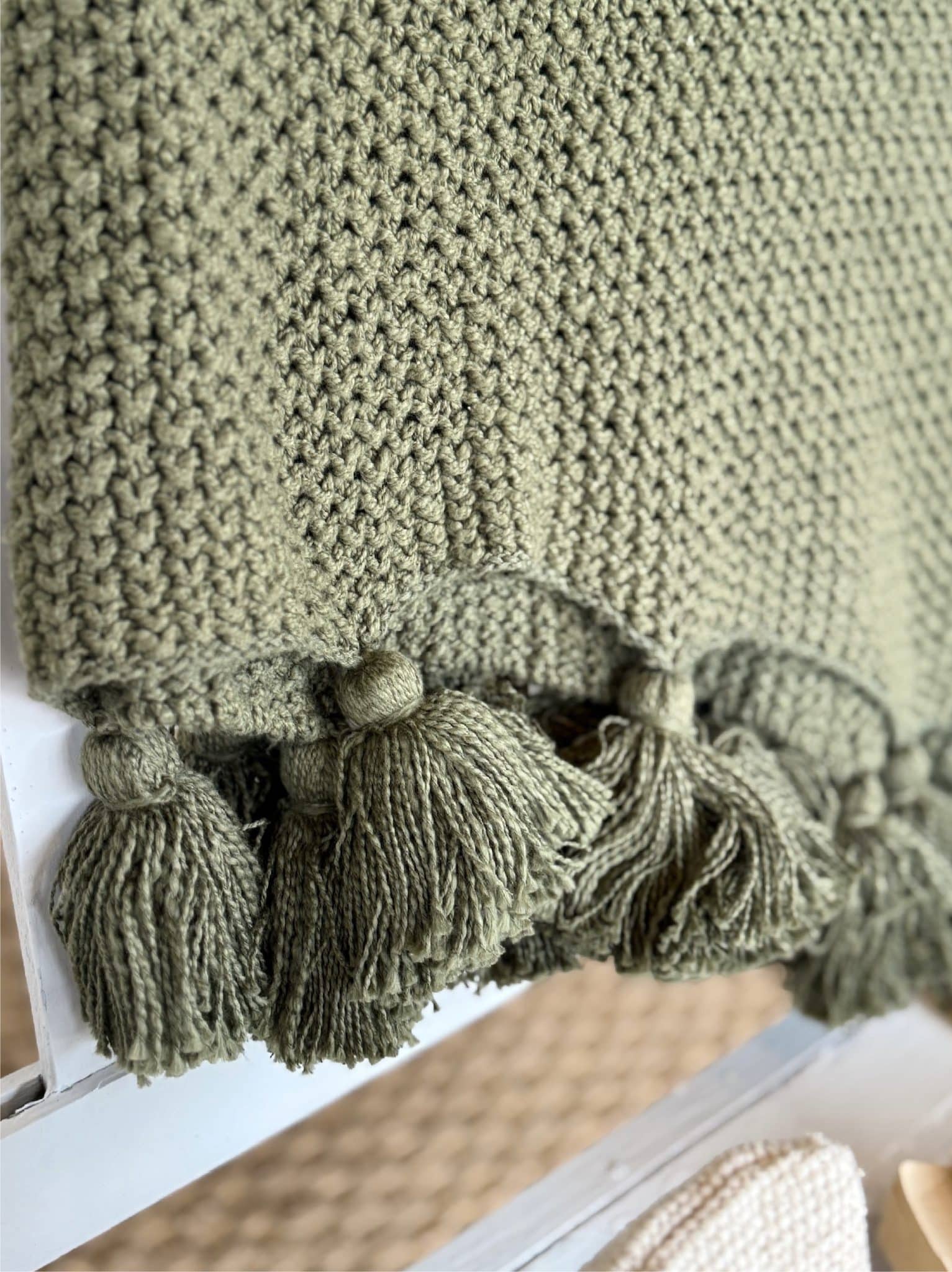 Olive Green Tassel Throw detail shot of tassels