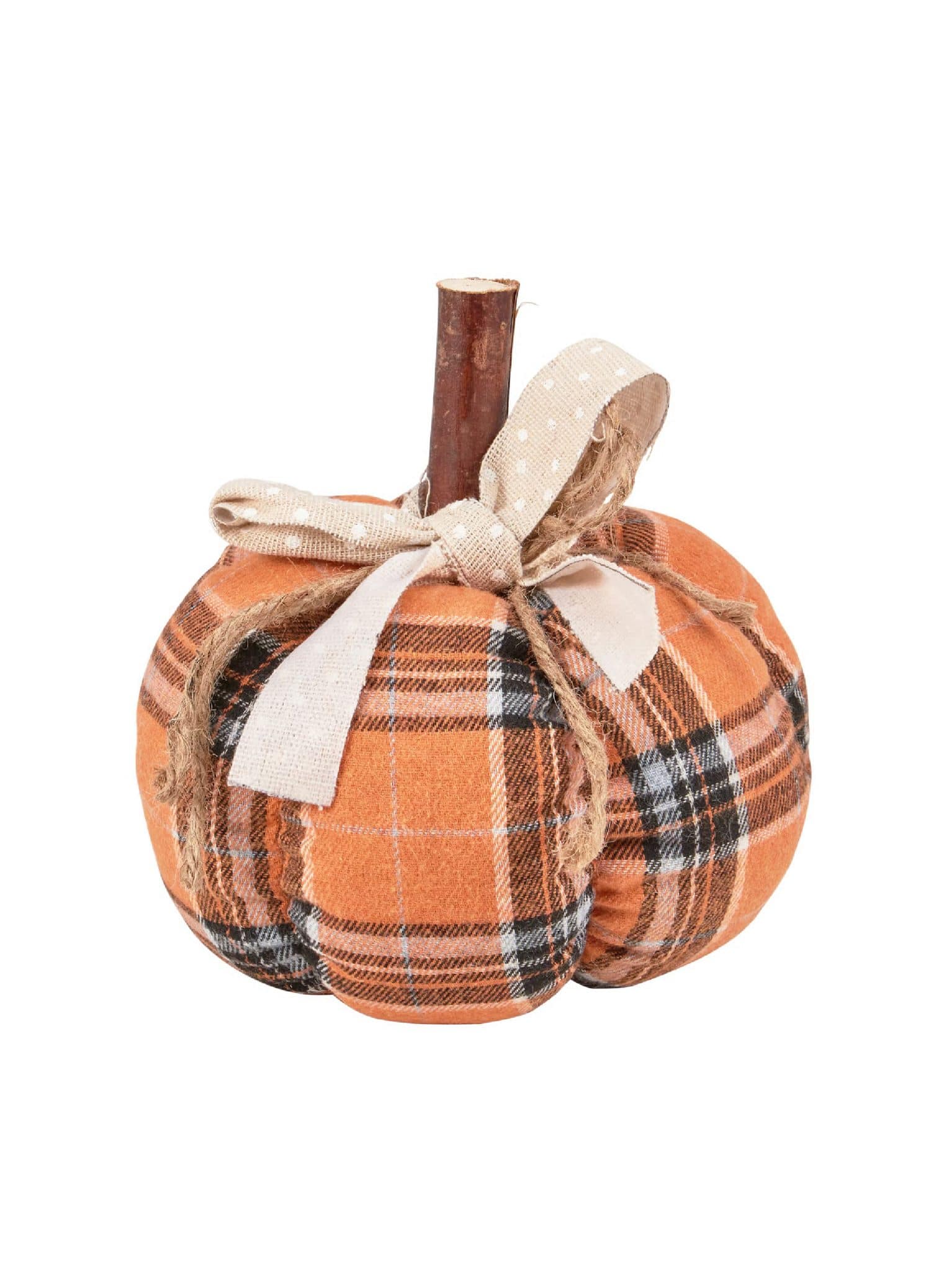 Small fabric pumpkin in orange plaid with wood stem and ribbon bow.