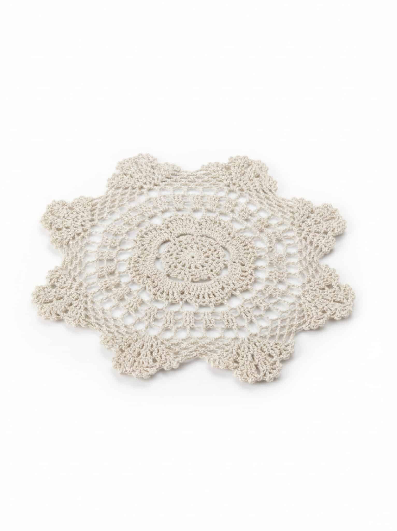 be-made-hays-ks-round-crochet-lace-doily-14-ecru-off-white Vintage Cream Lace Doily in ecru cotton crochet with an intricate floral pattern and scalloped edges displayed on a white background.
