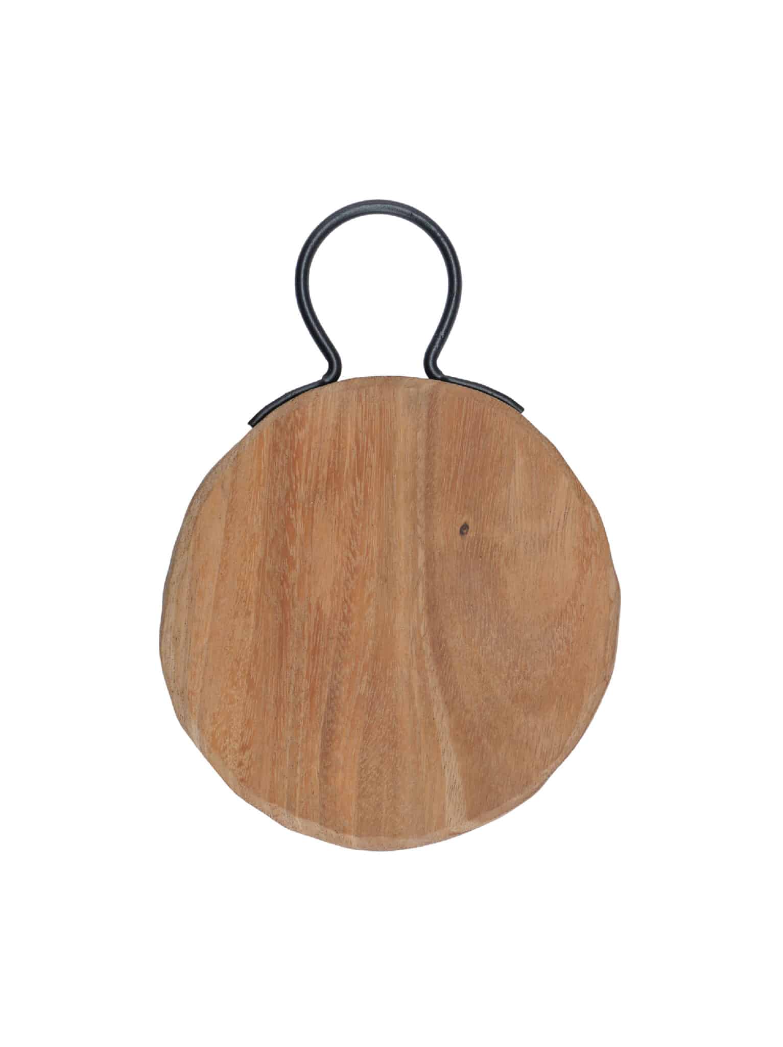 Round acacia wood serving board with black metal loop handle, shown from above on a white background.