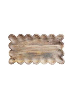 Empty scalloped-edge mango wood tray on a white background.
