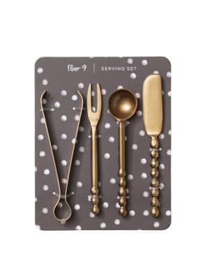 Mini Utensil Serving Set of four gold-tone tools on a polka dot backing card