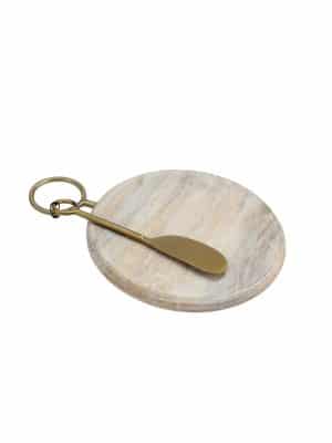 Round Wood Board with Brass Spreader on white background.