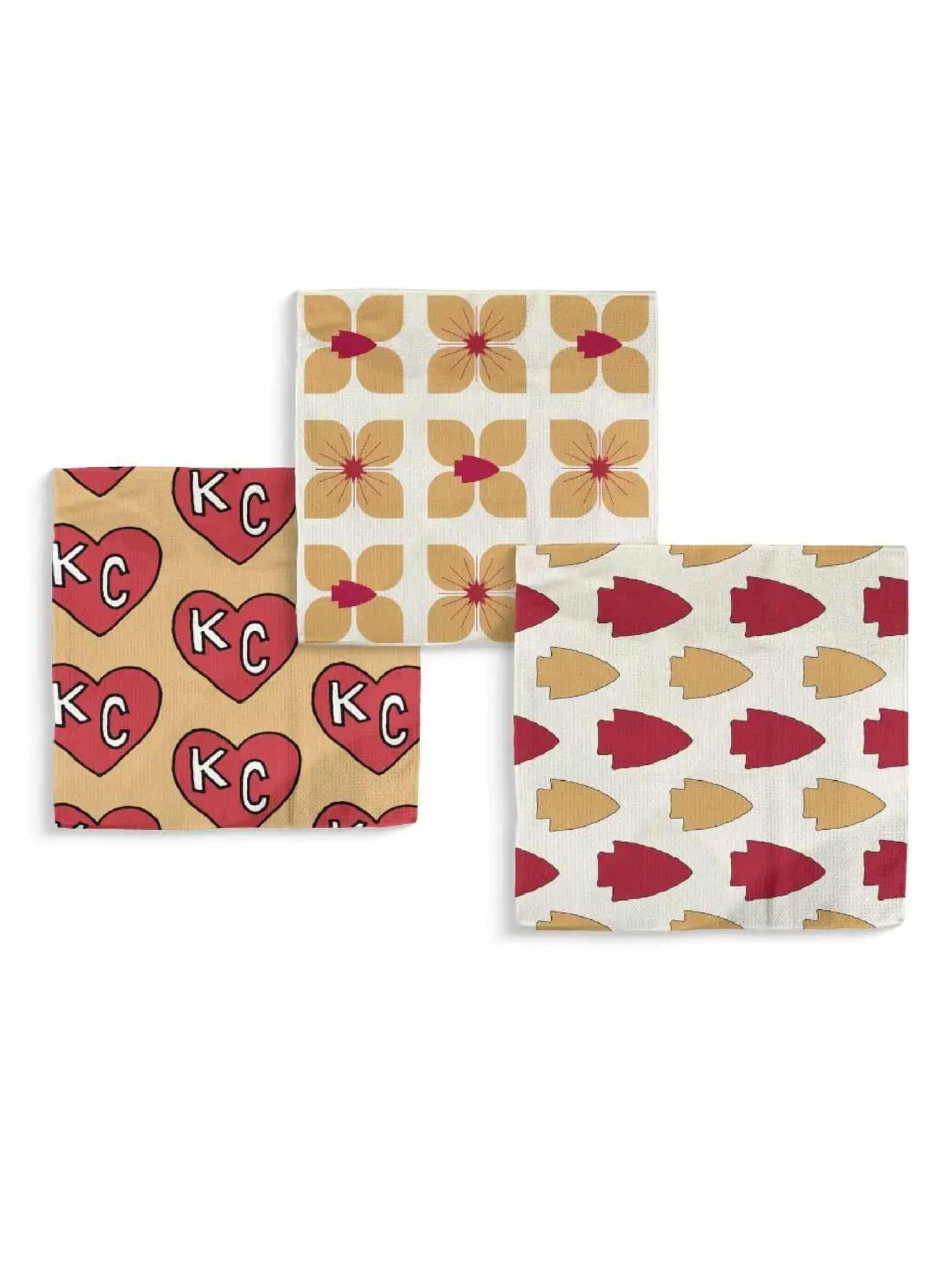 be-made-hays-ks-chiefs-arrowhead-double-sided-dish-cloth-set Chiefs Arrowhead Double-Sided Dish Cloth Set with bold red and gold KC patterns, shown front side only