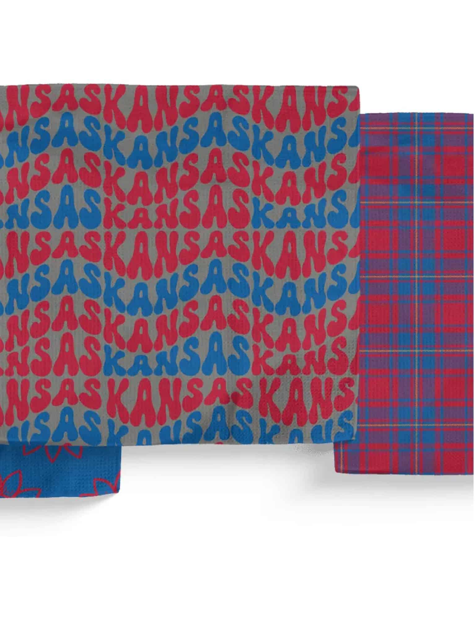 Set of 3 KU Old Mass microfiber dish cloths with double-sided Jayhawk and Kansas patterns in crimson and blue.