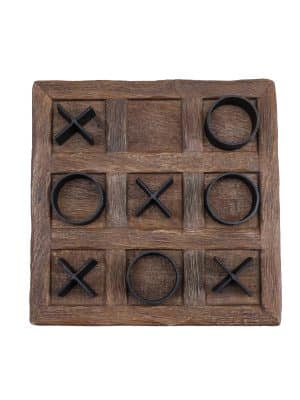 Overhead view of a rustic wooden Tic Tac Toe board with metal X and O pieces