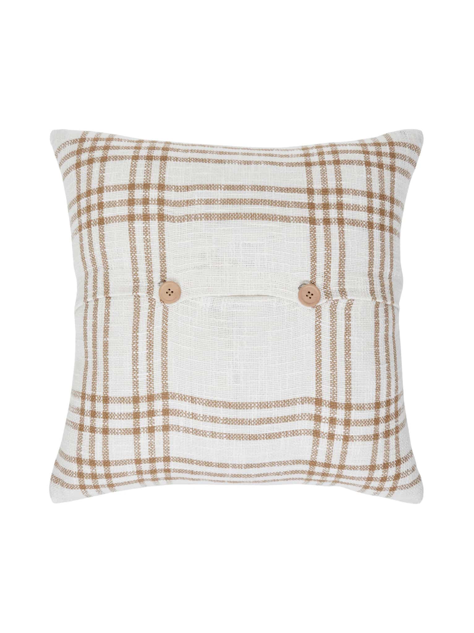 Plaid Woven Wheat Throw Pillow 18x18 With Cream Base, Wheat Plaid, And Wooden Button Closures