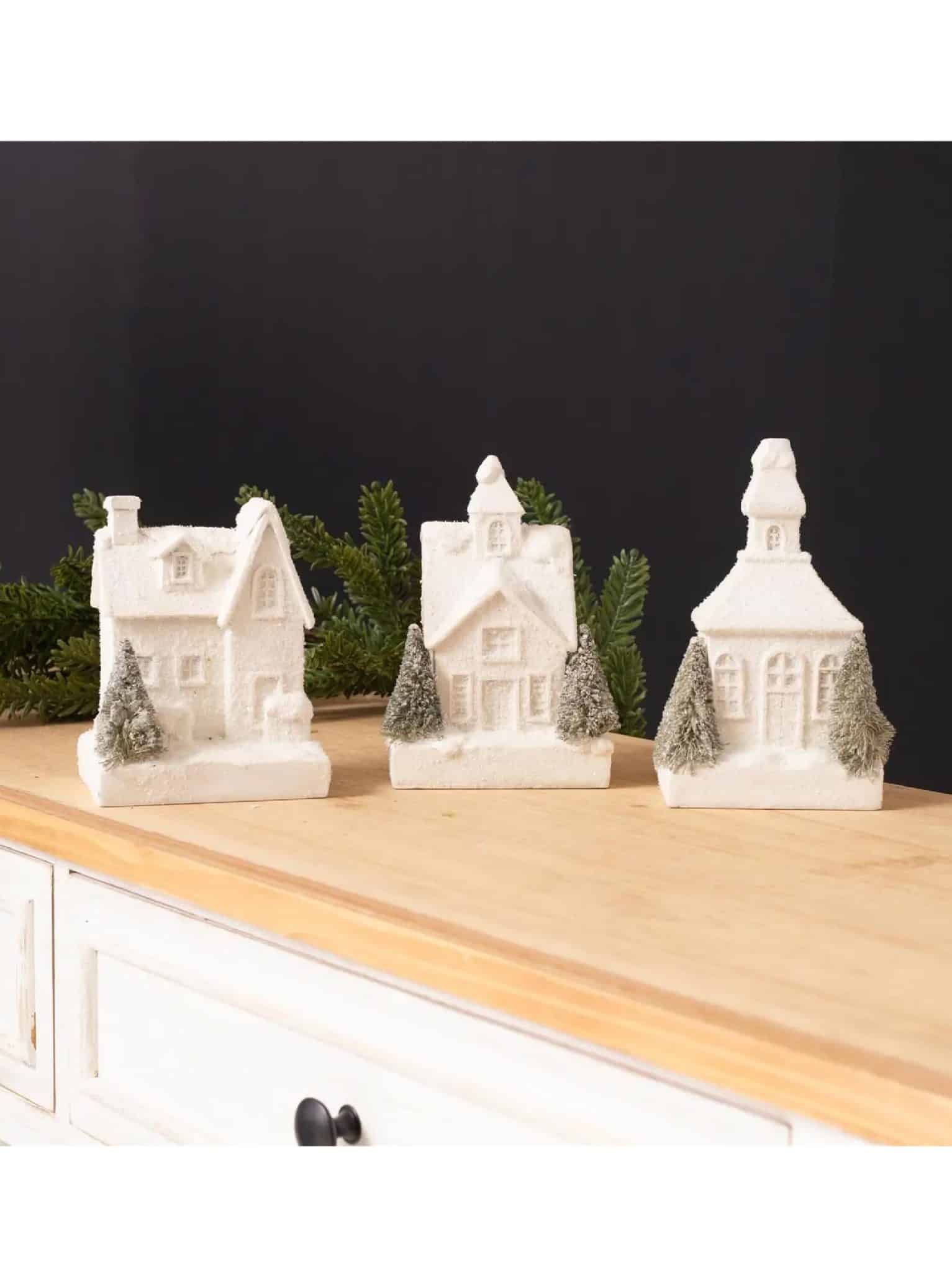 Three frosty white Christmas houses — No Steeple, Tall Steeple, and Short Steeple — displayed together.