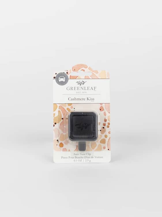 Cashmere Kiss Auto Vent Clip in packaging on white background.