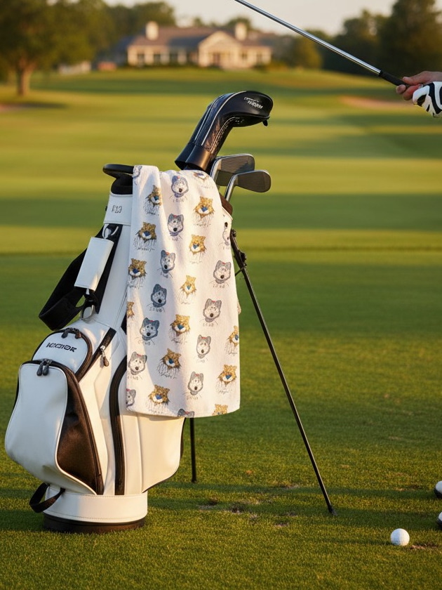 KC Chiefs & Royals Mascot Tea Towel featuring KC Wolf and Sluggerrr sketches on white waffle fabric, styled on a golf bag outdoors.