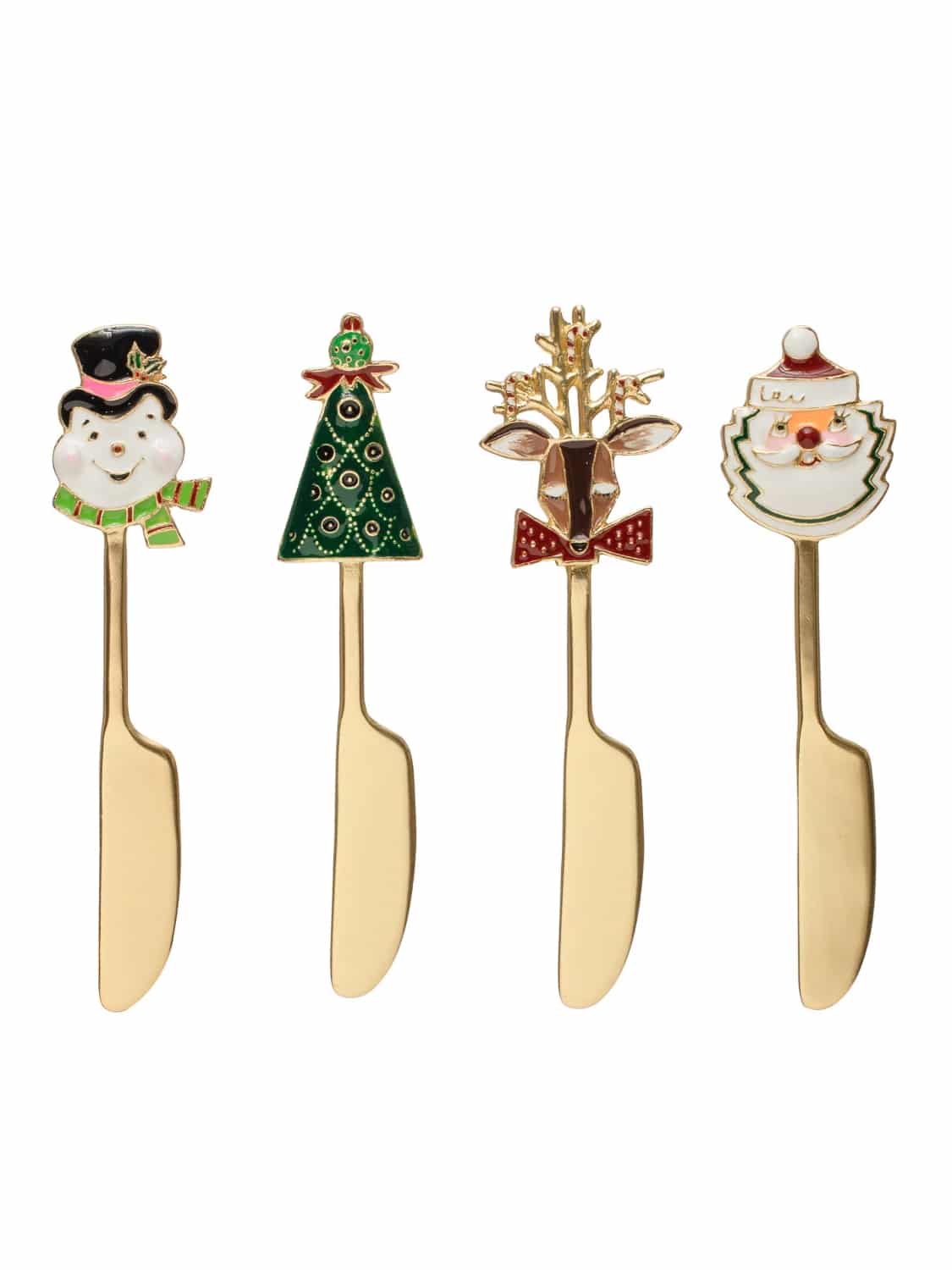 Four enameled Christmas Spreader Knives with gold blades and whimsical holiday handles including Santa, tree, snowman, and reindeer.