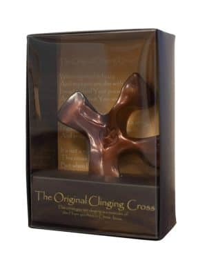 Dark tortoise copper Clinging Cross shown in gift box with prayer card