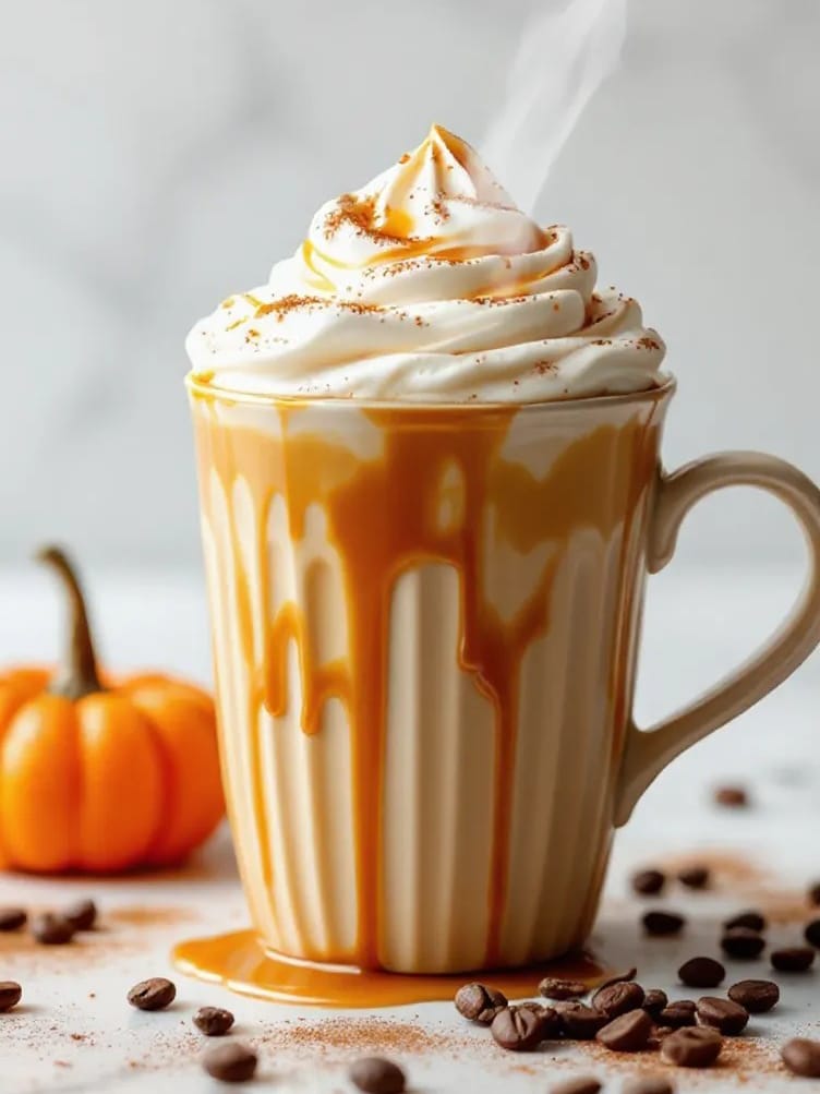 Steaming mug of caramel pumpkin swirl coffee with whipped cream and drizzle, surrounded by pumpkin and coffee beans.