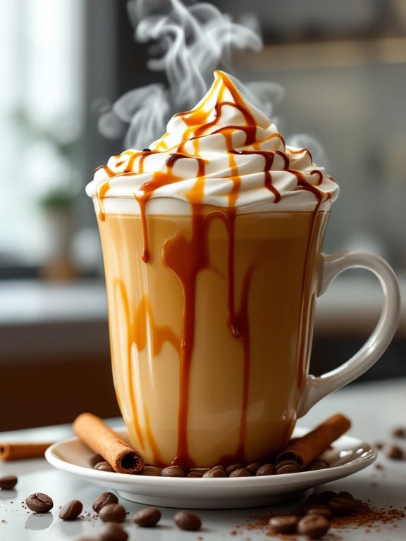 Steaming glass mug of Jamaican Me Crazy coffee topped with whipped cream and caramel drizzle, surrounded by cinnamon sticks and coffee beans.