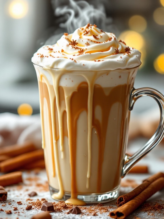 Festive glass mug of white mocha latte topped with whipped cream, caramel drizzle, and star anise with cinnamon sticks scattered nearby.