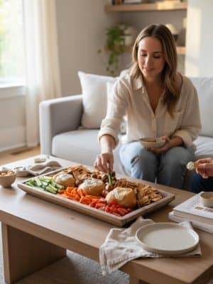Woman serving vegetables and bread from a large hand-carved wooden dough bowl filled with dips and snacks on a coffee table.
