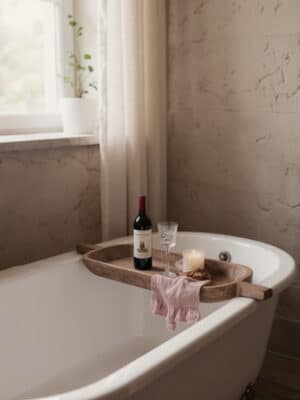 A handled extra-large wooden dough bowl is styled across a bathtub holding a bottle, glass, candle, and folded cloth.