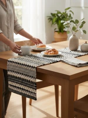 Black and white woven Chindi cotton table runner styled on a wooden dining table with breakfast setting.