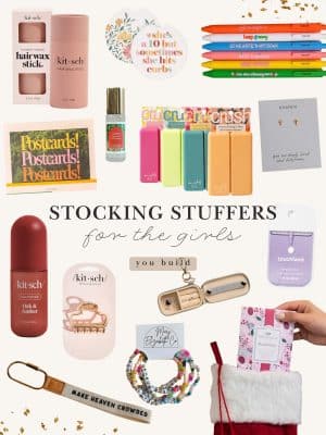 Stocking Stuffers for the Girls display featuring Touchland sanitizer, Greenleaf fragrance packets, Kitsch hair accessories, and assorted beauty items, accessories, pens, and keychains in a build-your-own layout.