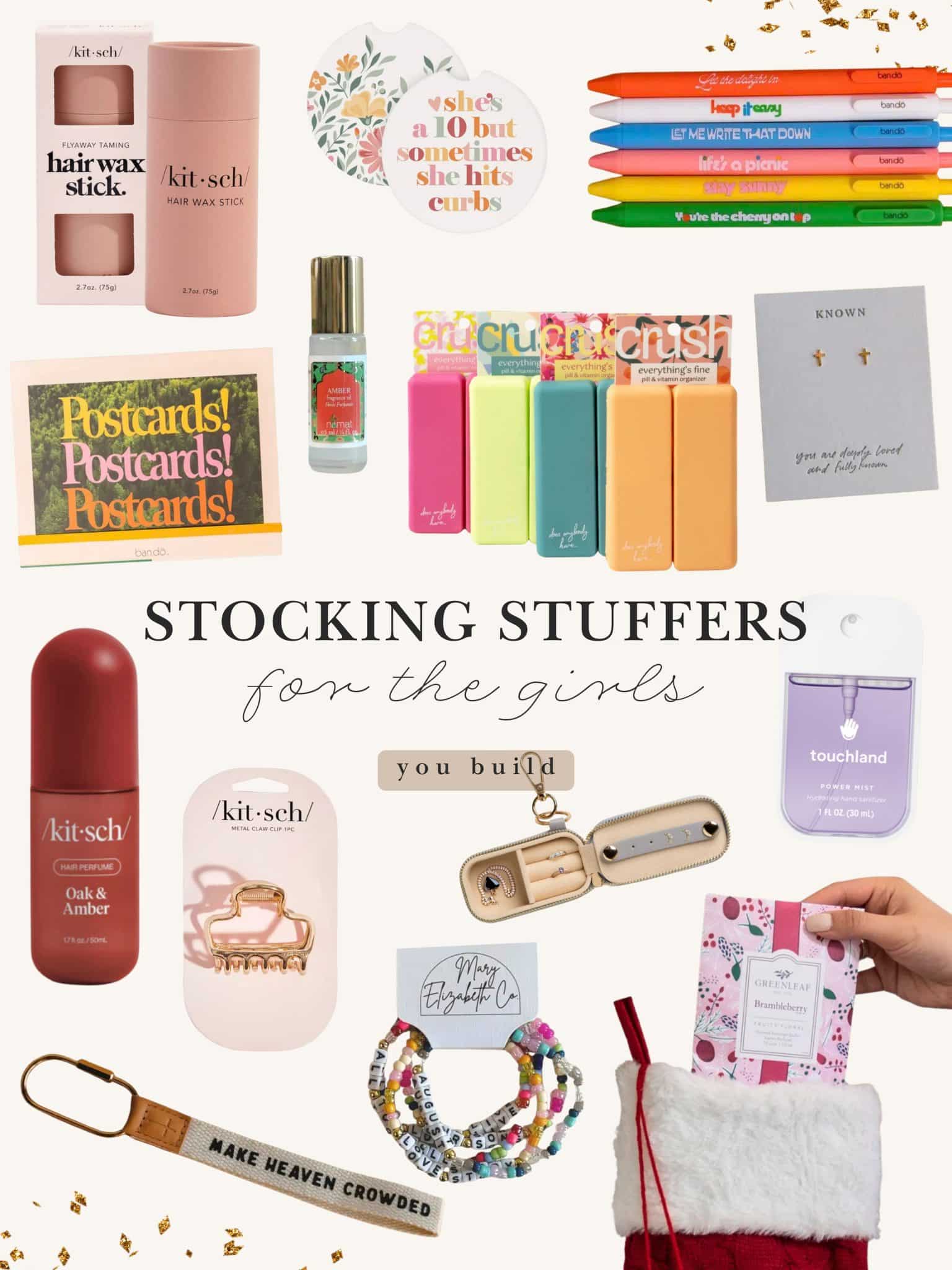be-made-hays-ks-stocking-stuffers-for-the-girls Stocking Stuffers for the Girls display featuring Touchland sanitizer, Greenleaf fragrance packets, Kitsch hair accessories, and assorted beauty items, accessories, pens, and keychains in a build-your-own layout.