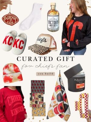 Curated Chiefs fan gift set featuring apparel, hats, slippers, socks, matches, candles, and game day accessories.
