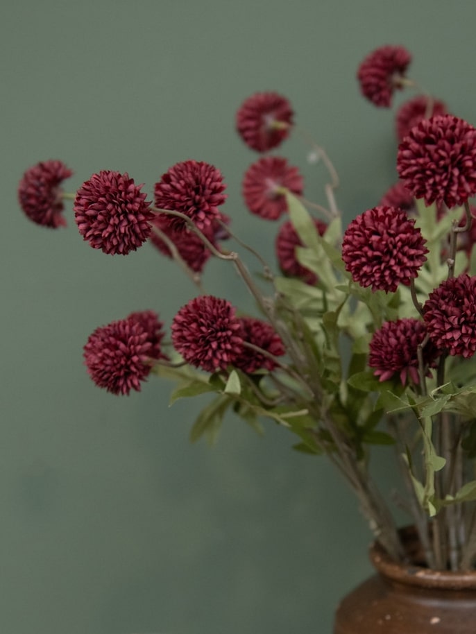 Close-up of Dark Red Onion Spray with rich red blooms and lifelike green leaves against muted green wall.