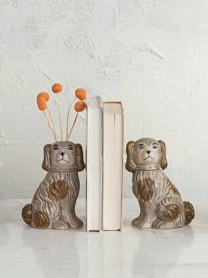 Single vintage-style English Staffordshire dog planter in hand-painted stoneware with crackle glaze on a white background.