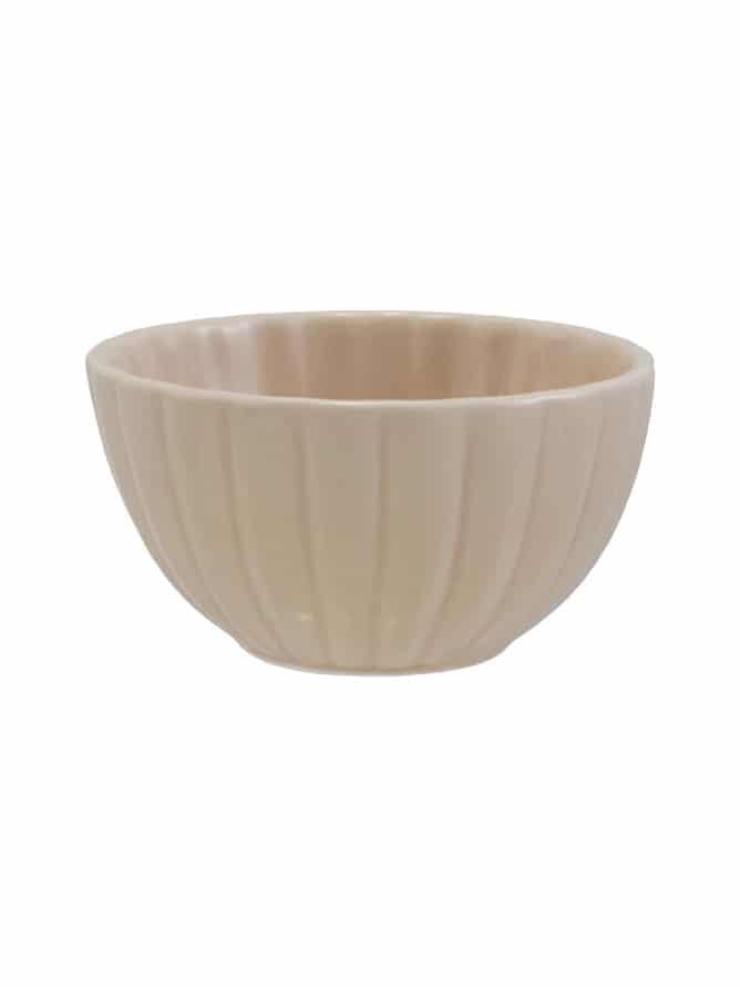 Cream stoneware ribbed bowl with soft curved edges and reactive glaze finish, shown on a white background.