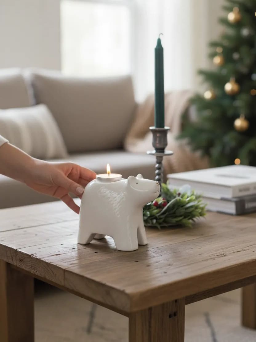 White ceramic bear-shaped tea light holder on a wooden coffee table, lit candle glowing beside greenery and holiday decor.