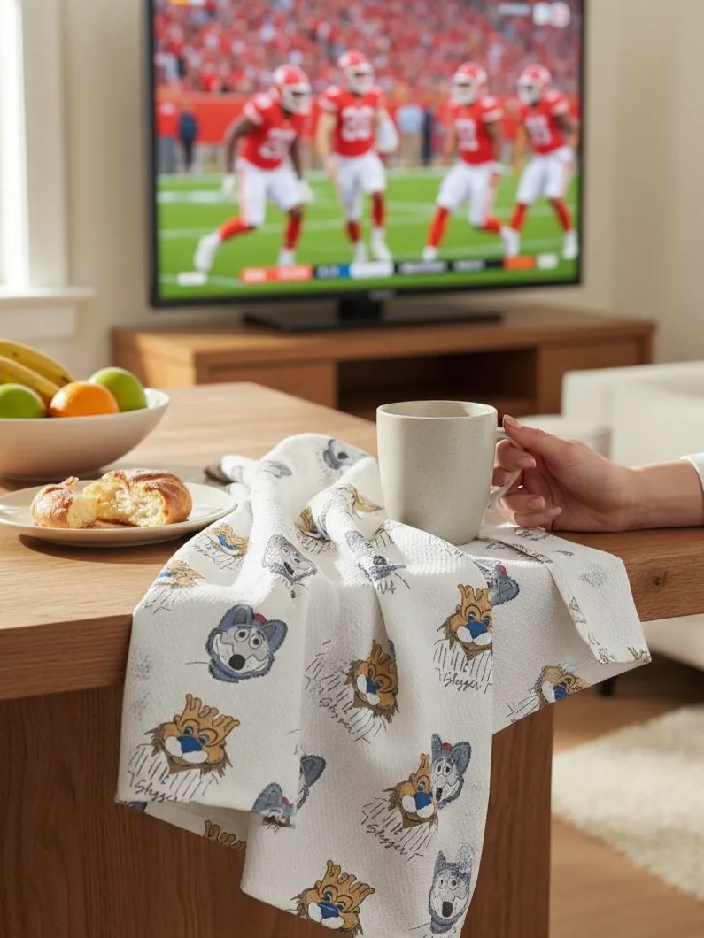 Oversized KC Chiefs & Royals Mascot Tea Towel with KC Wolf and Sluggerrr designs, styled on a table with coffee and pastries during a game.