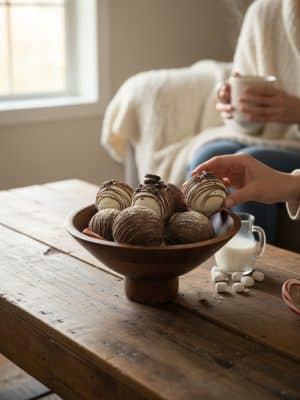 Hand reaching for a chocolate treat from a large mango wood footed bowl on a rustic coffee table beside a cozy blanket and cup of hot cocoa.