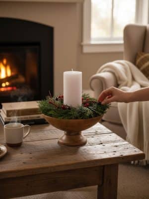 Wood pedestal bowl styled with a candle and pine greenery wreath with red berries on a rustic coffee table near a cozy fireplace.
