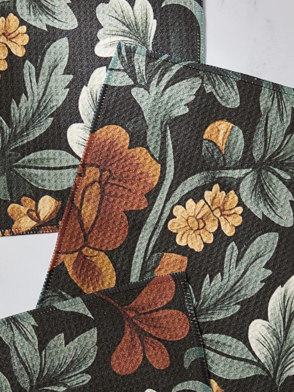 Classic Floral Geometry dishcloth set with bold black background and oversized rust, gold, and cream blooms.