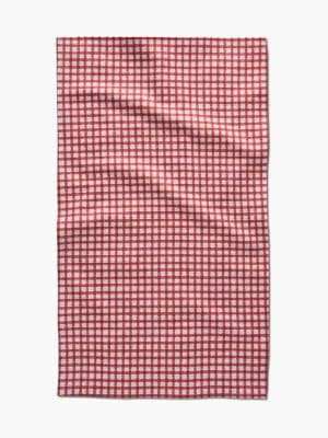 Red plaid microfiber Geometry towel with absorbent Geoweave fabric.