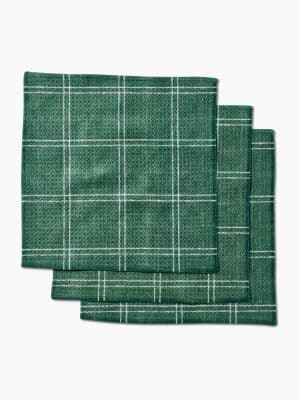 Forest green plaid Geometry dishcloths with white lines, absorbent microfiber fabric, set of three.