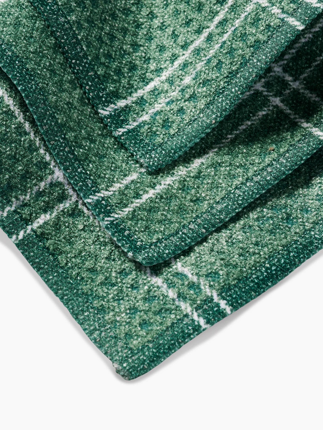 Eco-friendly green and white plaid dishcloths by Geometry, set of three reusable microfiber cloths.