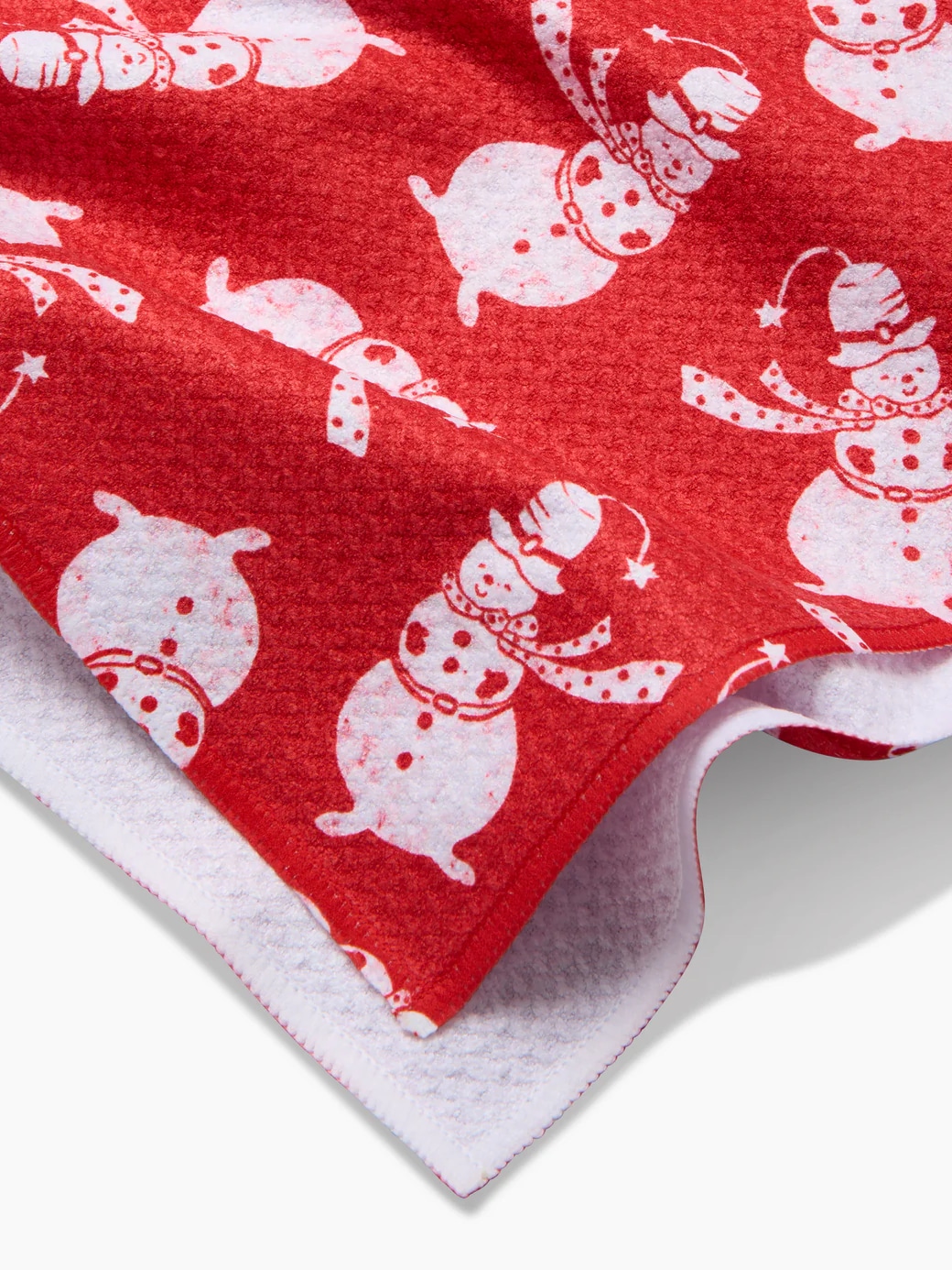 Red Geometry towel with smiling snowmen pattern, eco-friendly and quick-drying.