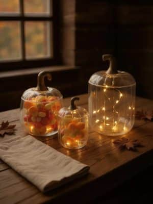 Set of three glass pumpkins with bronze lids filled with candy corn and glowing string lights on a rustic wood table