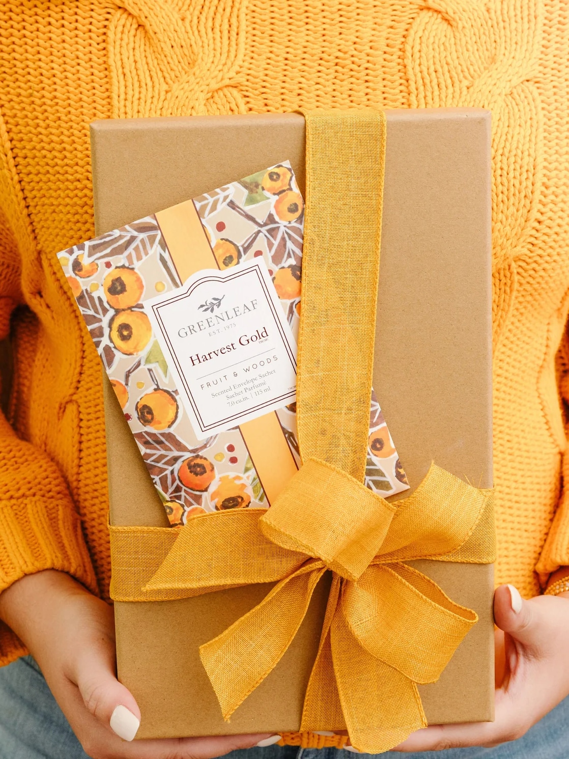 Harvest Gold scented sachet packet with yellow ribbon and autumn floral design.