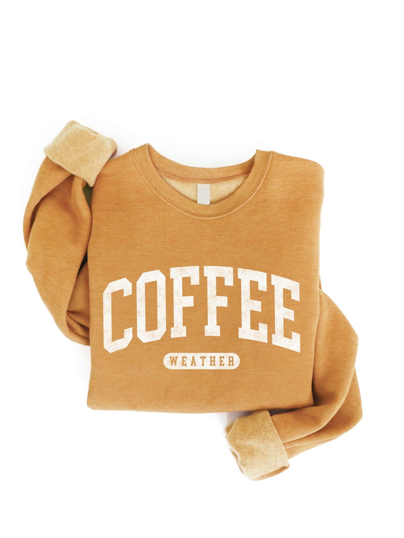 Heather mustard crewneck sweatshirt with bold white collegiate-style text reading โCOFFEE WEATHER,โ designed in a unisex relaxed fit.