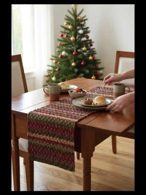 Close-up of red, green, and brown Chindi-style woven cotton table runner draped over farmhouse table.