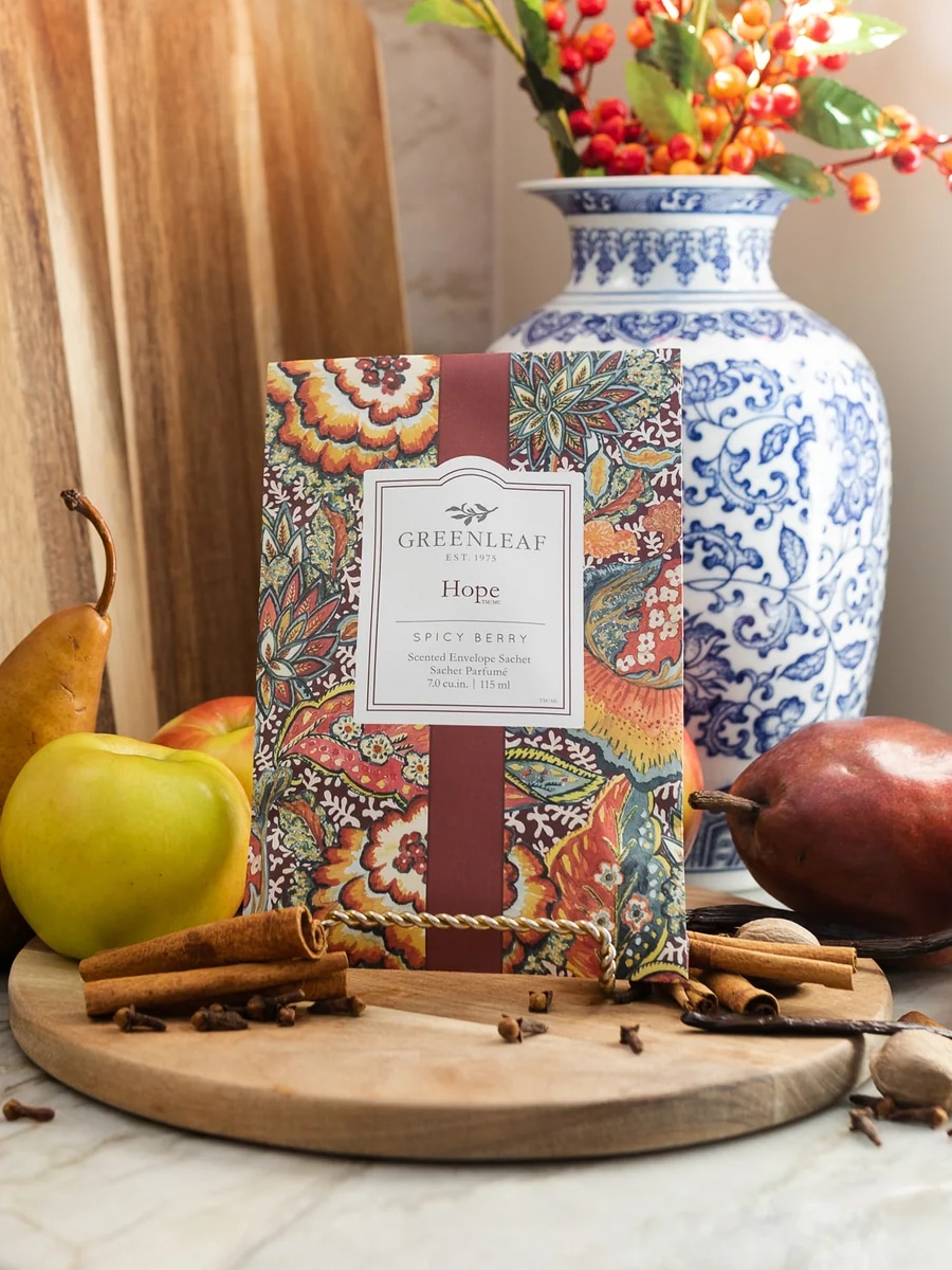 Hope Scented Sachet Packet styled with vase, pears, and warm fruit decor.