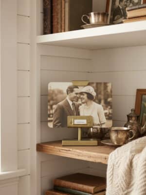 Adjustable Brass Frame Displaying a Photo Styled on a Shelf