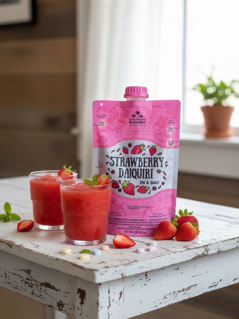 Cocktail in a Bag Strawberry Daiquiri shown with two strawberry drinks and fresh strawberries